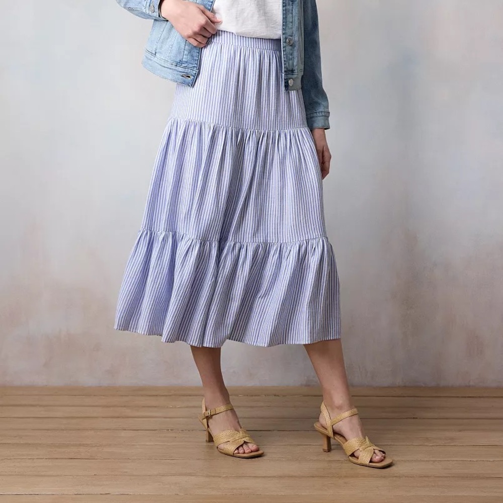 LC Lauren Conrad Three Tier Midi Skirt Blue & White